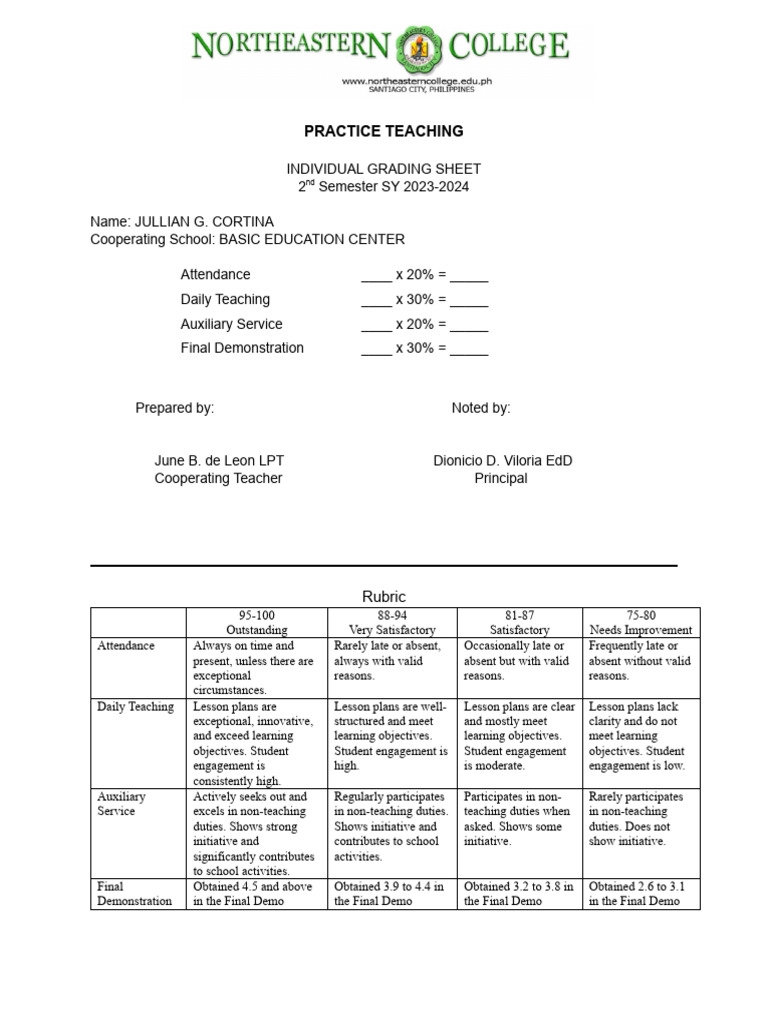 Practice Teaching Grading Sheet 2023-2024 | PDF | Behavior Modification ...