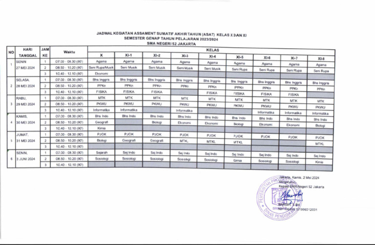 Jadwal Kegiatan Asat Kelas X Dan Xi Tahun 2023 2024 Pdf