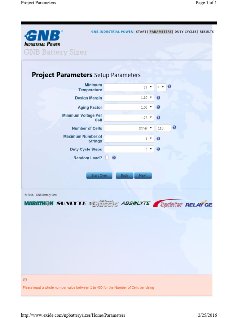 GNB Battery Sizer Tool Parameters | PDF