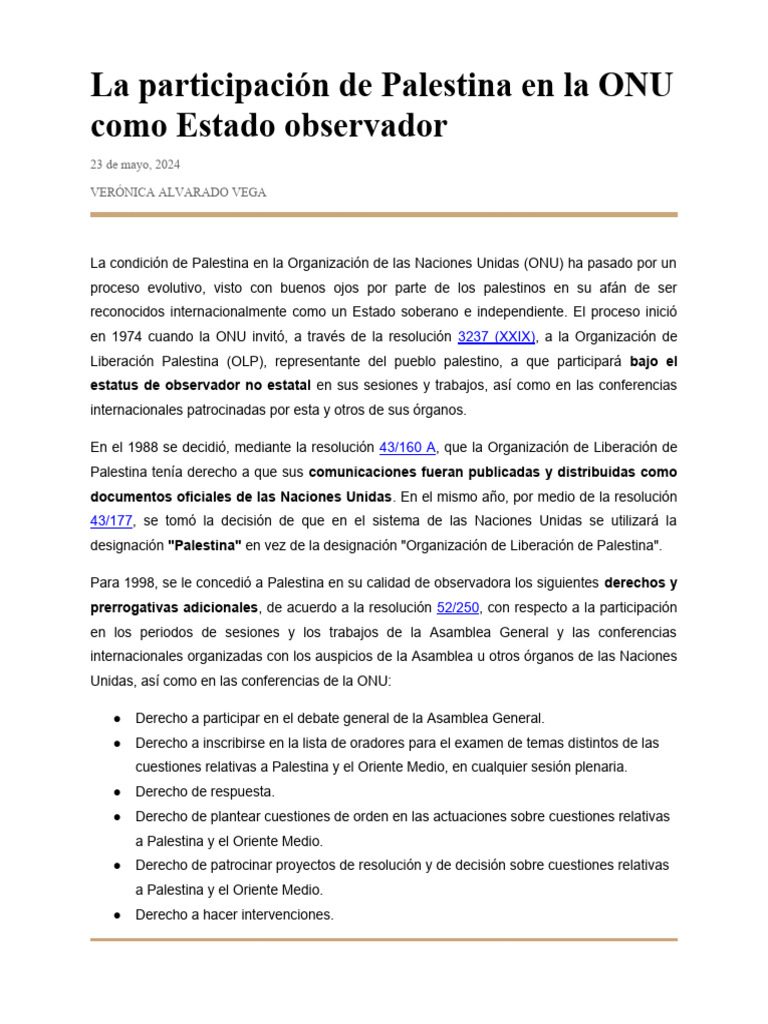 La Participación de Palestina en La ONU | PDF | Política mundial ...