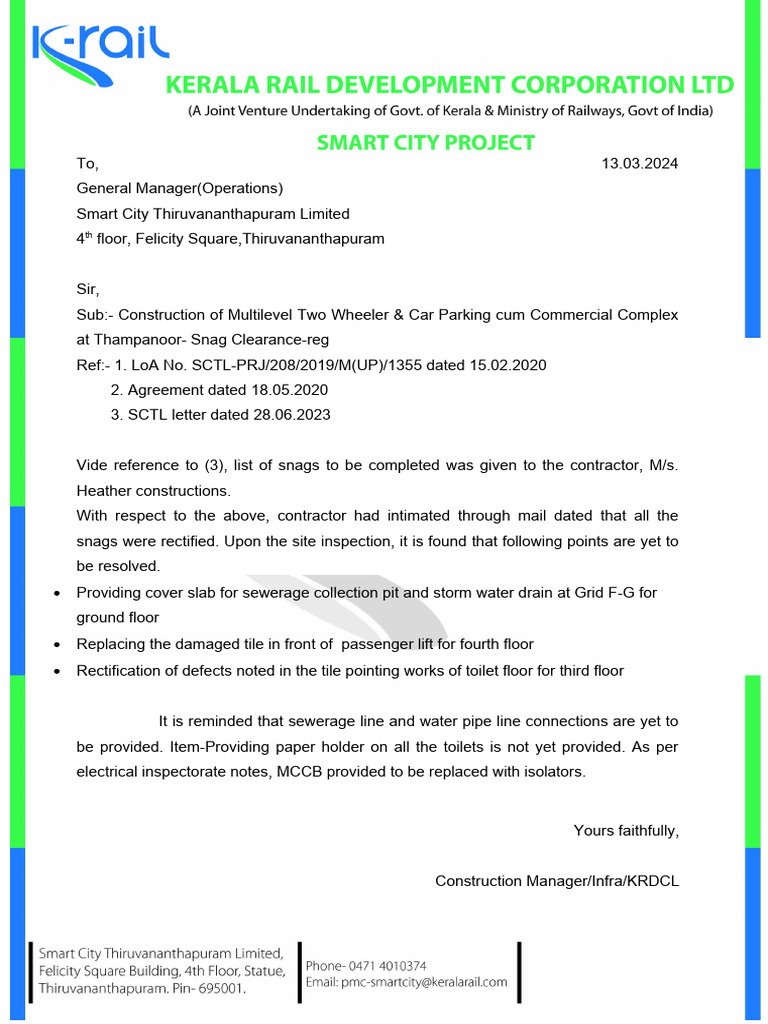 Snag Clearance for Thampanoor Parking Complex | PDF