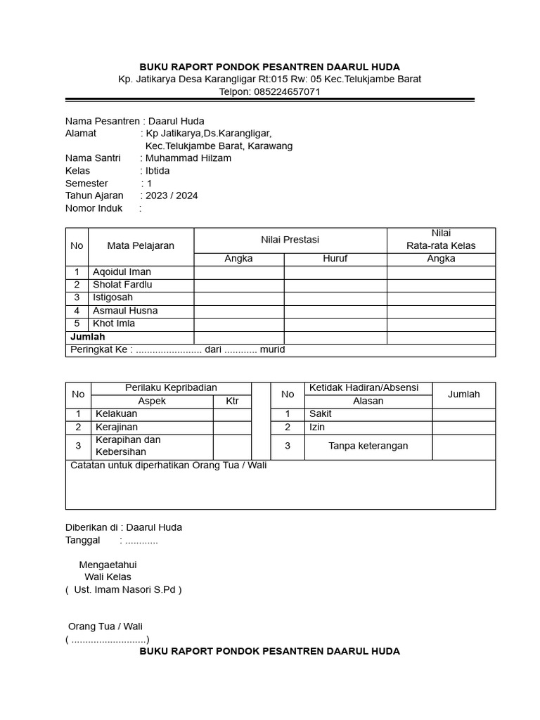 Buku Raport Santri Daarul Huda | PDF