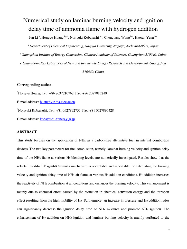 Numerical Study On Laminar Burning Velocity and Ignition Delay Time of ...