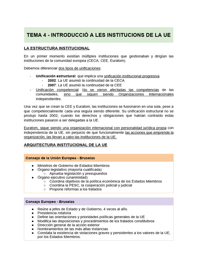 Estructura y Funciones de las Instituciones de la UE | PDF | Unión ...