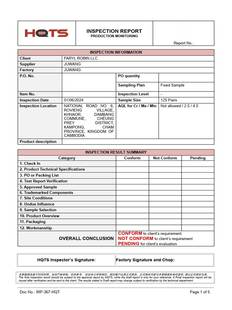 Pre-Shipment Inspection Report Template | PDF