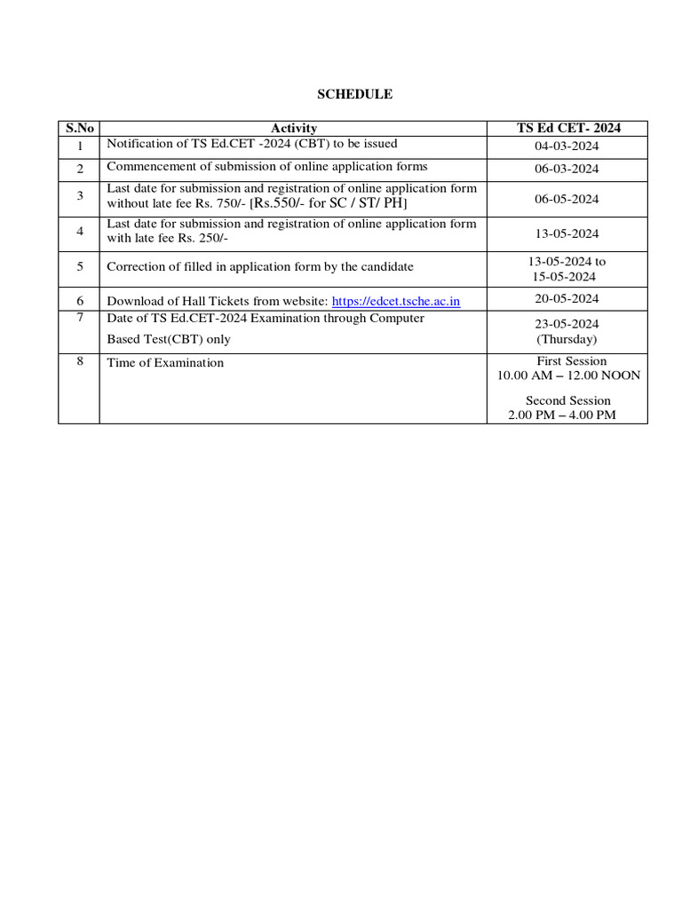 TS Ed CET 2024 Schedule and Dates | PDF