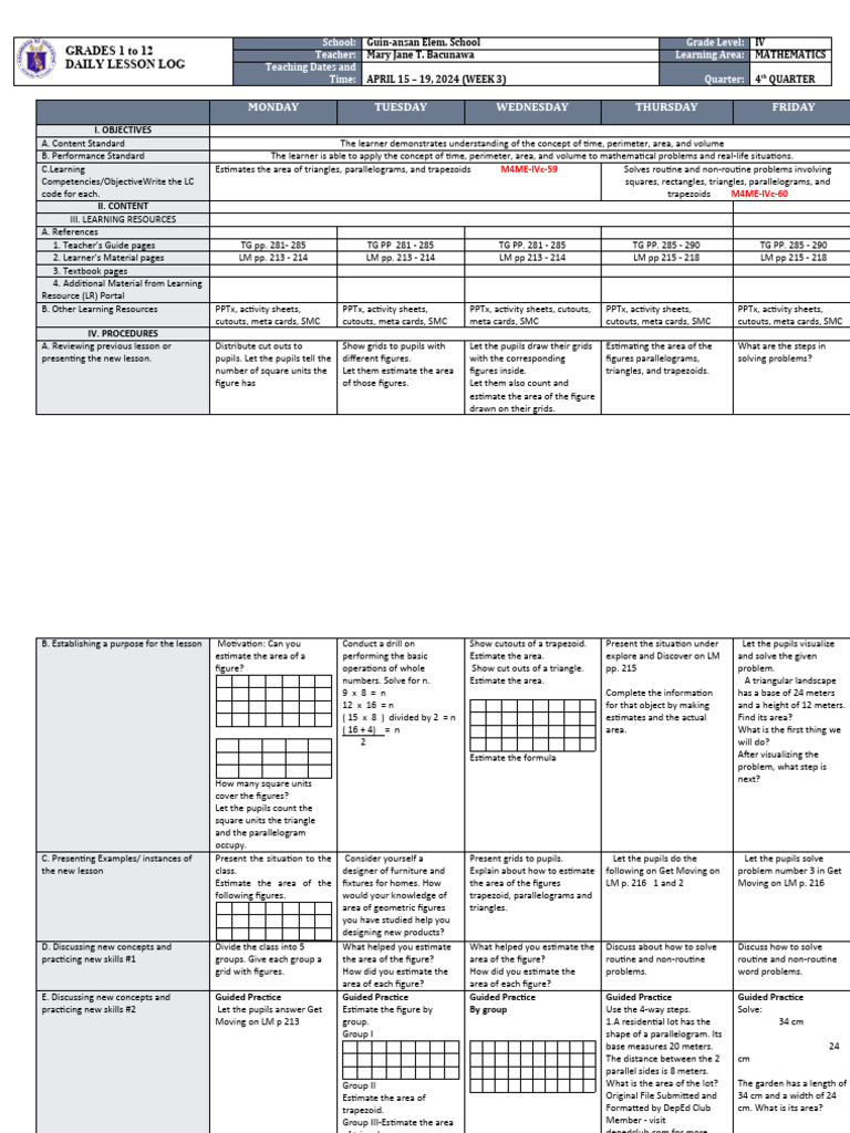 DLL - Mathematics 4 - Q4 - W3 | PDF | Area | Learning