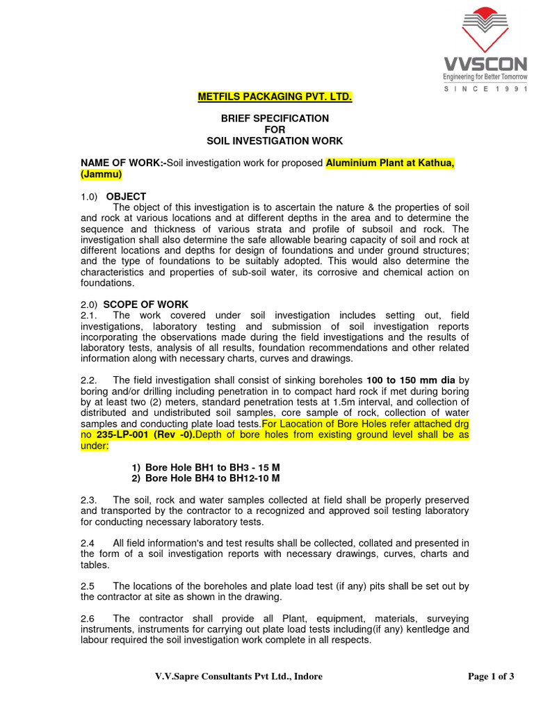 Soil Investigation Specs - May 2024 | PDF | Borehole | Soil