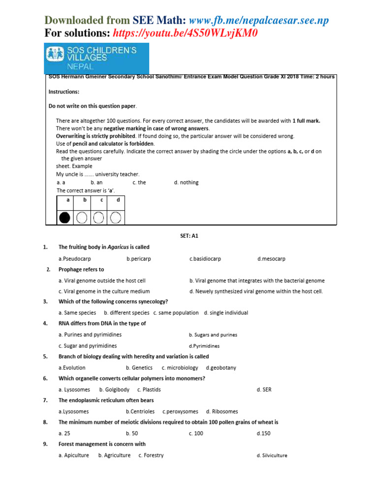 Grade XI Entrance Exam Model Questions | PDF | Polynomial