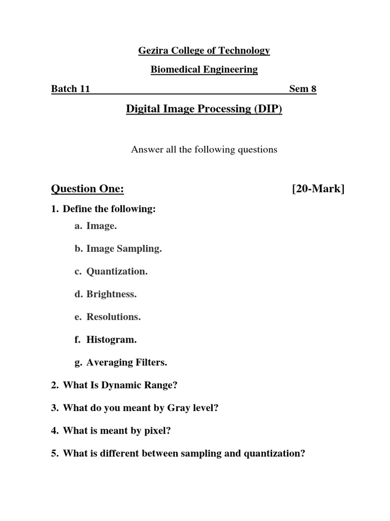 Digital Image Processing Exam Questions | PDF