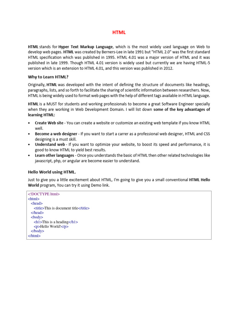 Free Html Tutorial Download Pdf