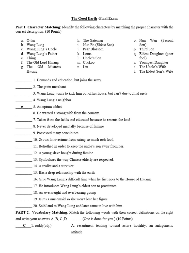 Good Earth Final Exam: Character & Vocabulary | PDF
