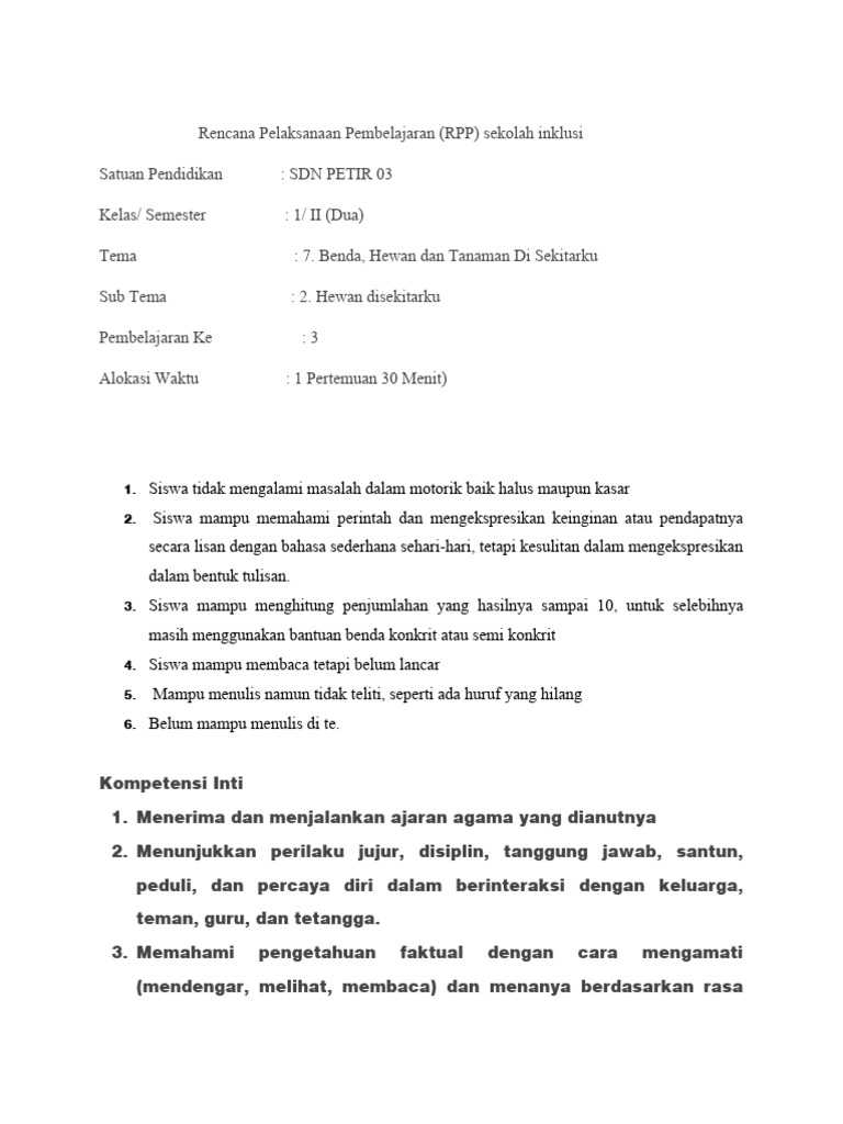 RPP Inklusif SD Kelas 1 Tema Hewan | PDF | Karier & Perkembangan | Seni ...
