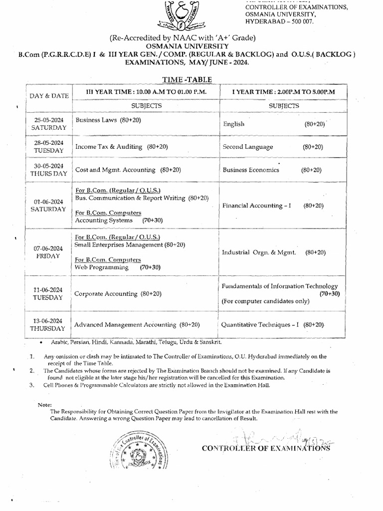 OU B.Com & BBA Exam Timetable 2024 | PDF | Sociology | Mathematics