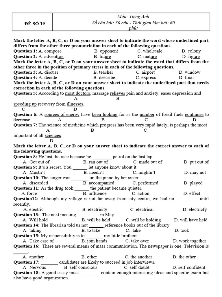English Test Paper with 50 Questions | PDF | Water | Dieting