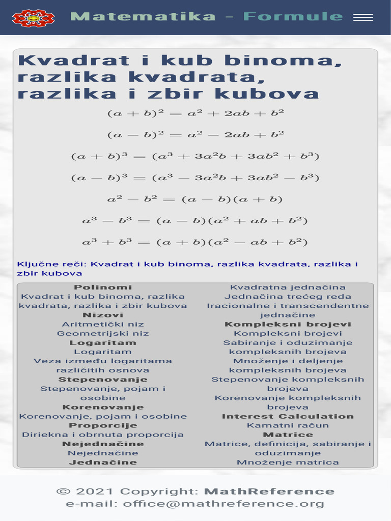 Kvadrat I Kub Binoma, Razlika Kvadrata, Razlika I Zbir Kubova | PDF