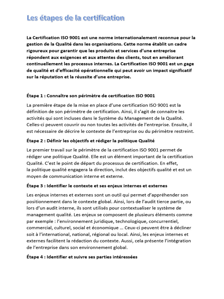 Étapes de certification ISO 9001 | PDF | Management de la qualité ...