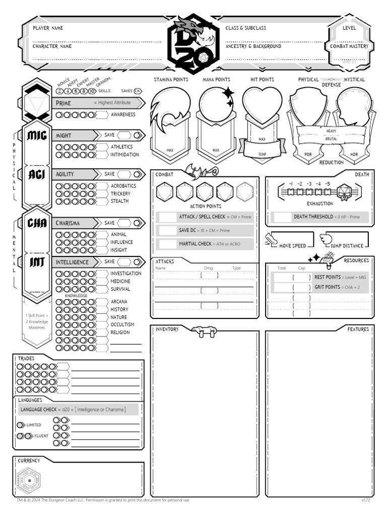 Dc20 playtest preview fillable character sheet download free pdf