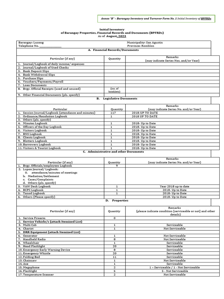 Barangay Inventory and Turnover Report | PDF | Banks
