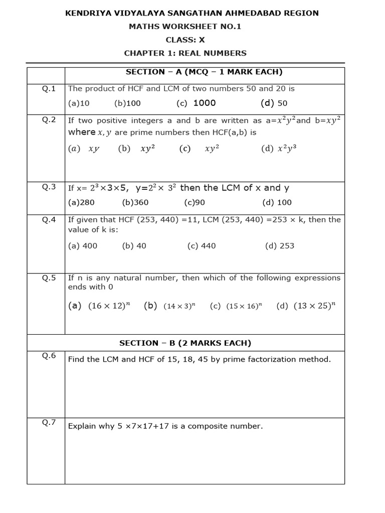 Maths ch 1 real numbers worksheet no 1 class 10 final pdf numbers