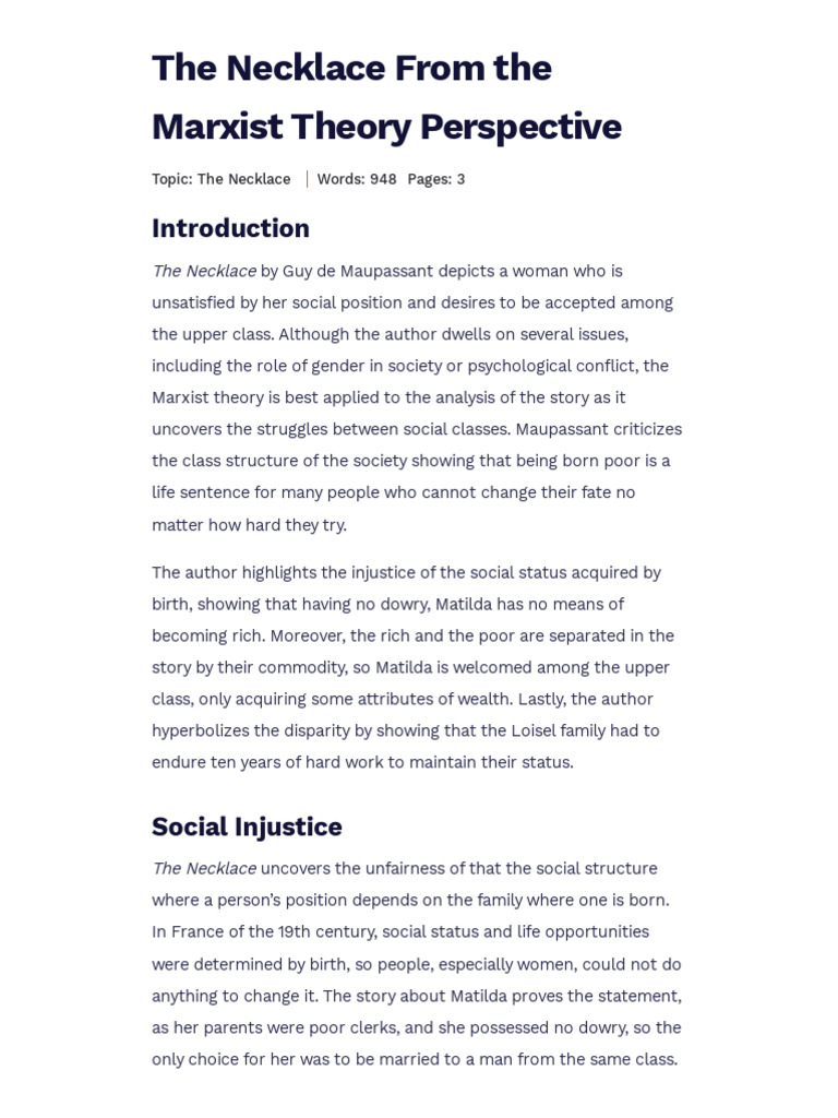 Marxist Analysis of The Necklace | PDF | Wealth | Social Inequality
