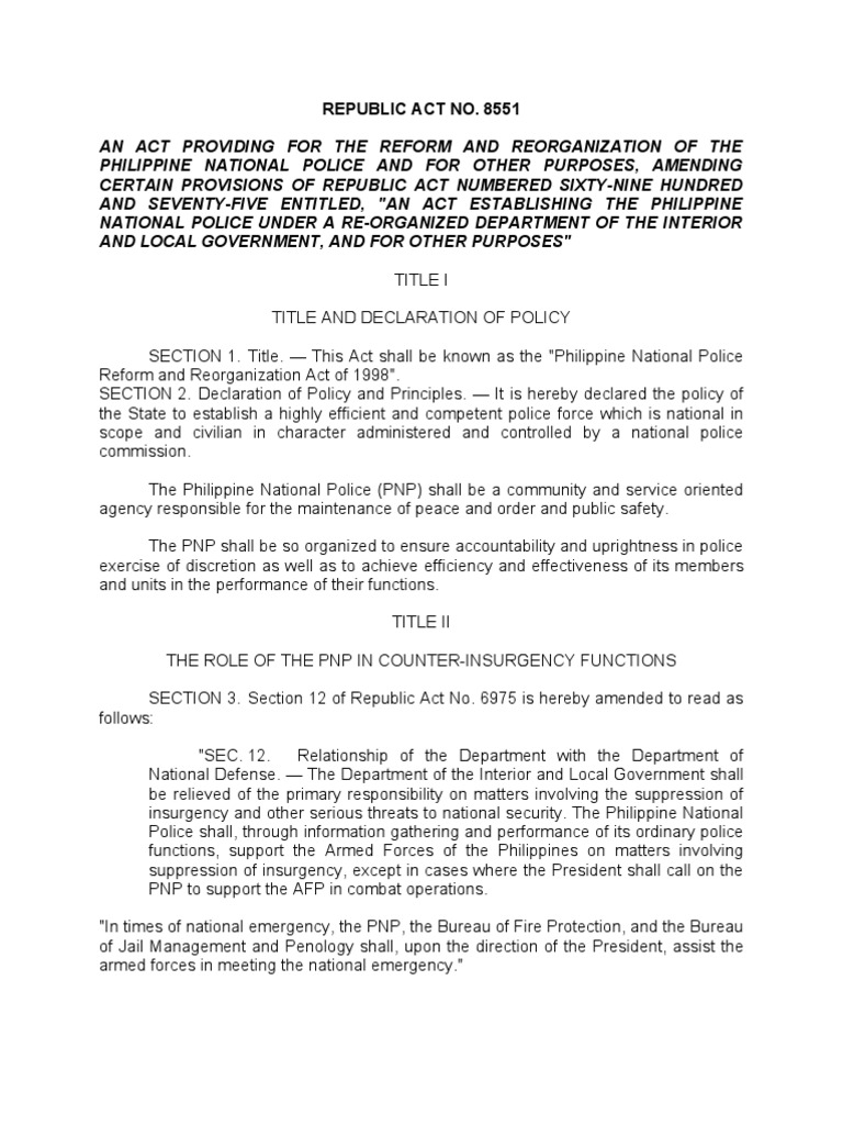 PNP Reform and Reorganization Act 1998 | PDF | Police | Criminal Justice