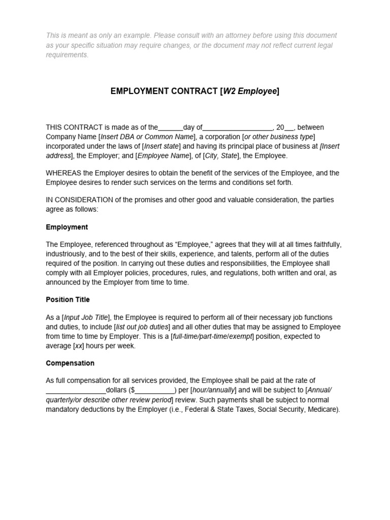 W2 Employee Contract Template PDF Employment At Will Employment