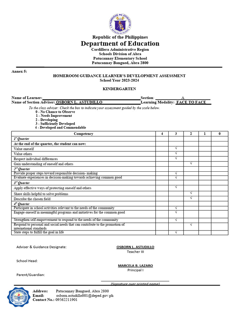 Kindergarten Homeroom Guidance Assessment | PDF | Learning ...