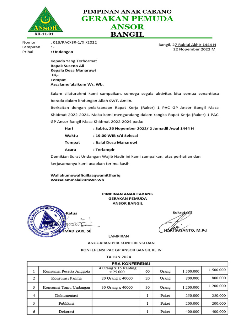 Surat Raker 1 Pac GP Ansor Bangil | PDF