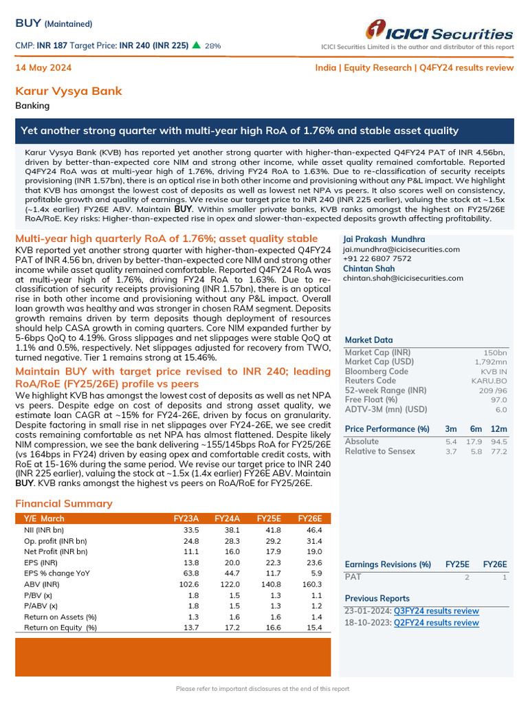 KVB Q4FY24 Results: Strong RoA & Growth | PDF | Banks | Loans