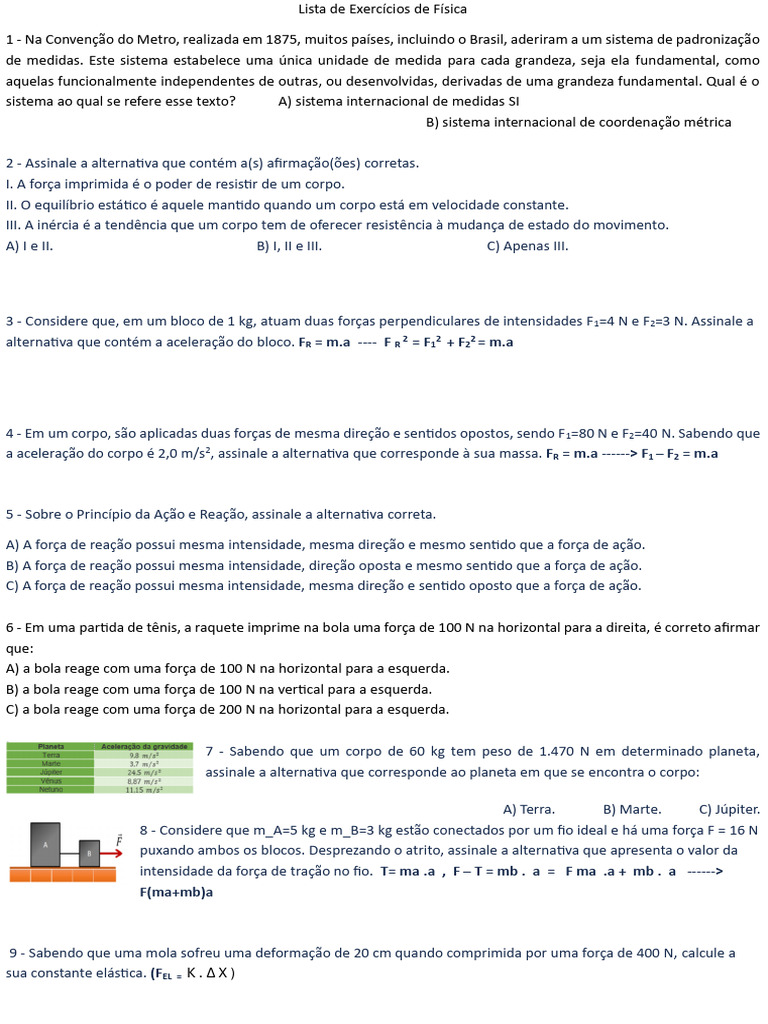 Lista de Exercicio de Fisica 1 Anos | Download grátis PDF | Força ...