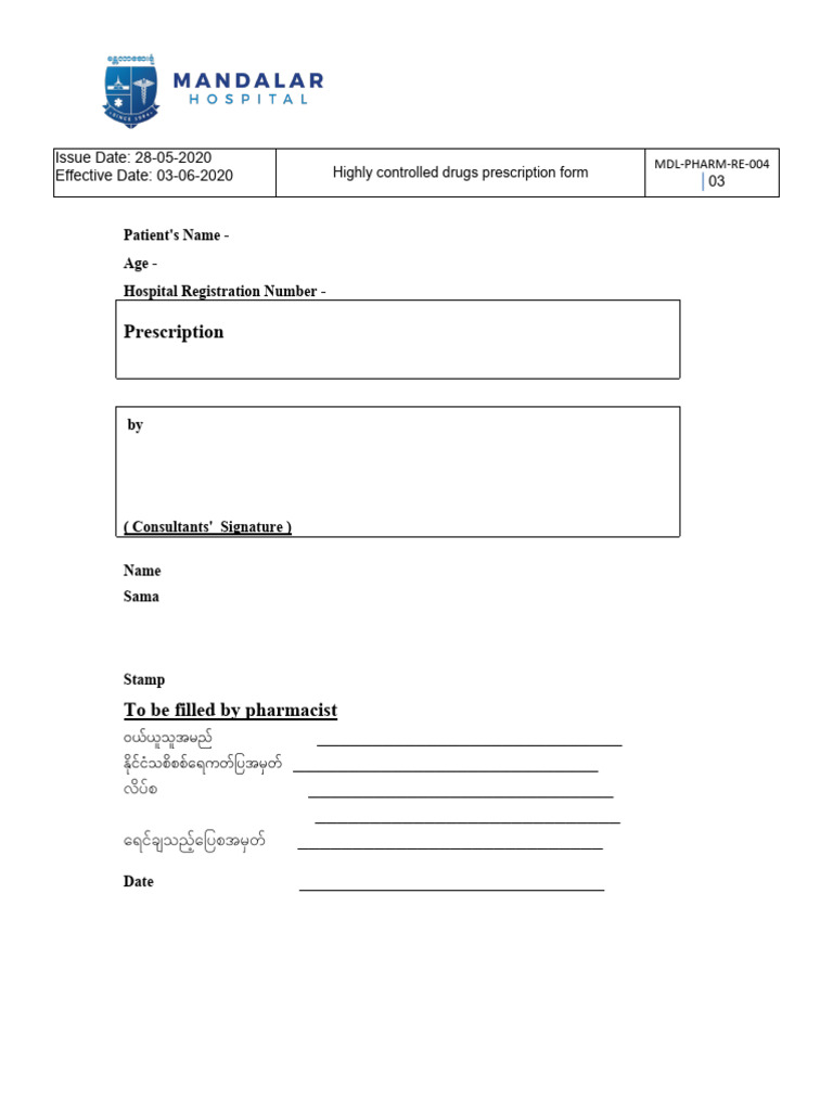 Highly Controlled Drugs Prescription Form MDL-PHARM-RE-004 Version - 3 ...