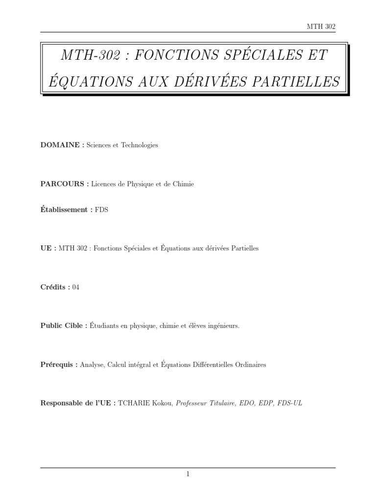 Fonctions Spéciales et EDP en MTH 302 | PDF | Équation aux dérivées ...