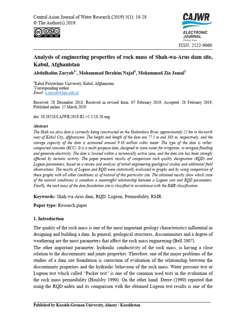 Analysis of Engineering Properties of Rock Mass of Shah-wa-Arus Dam ...
