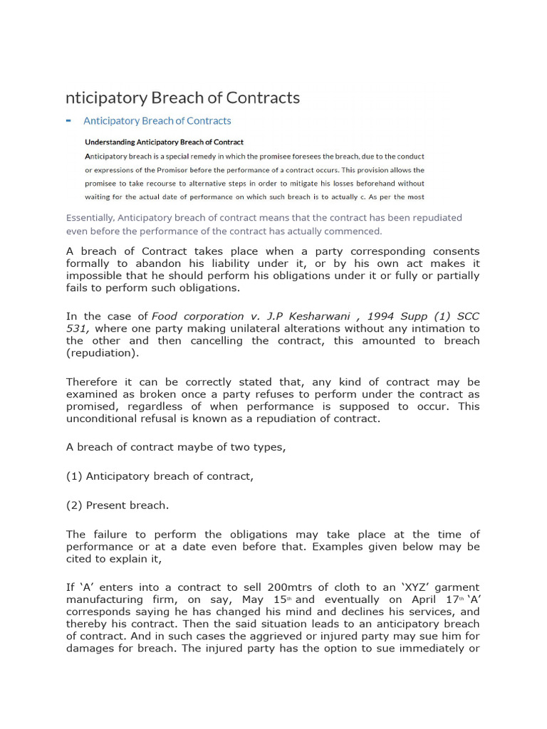 Understanding Anticipatory Breach | PDF | Breach Of Contract | Damages
