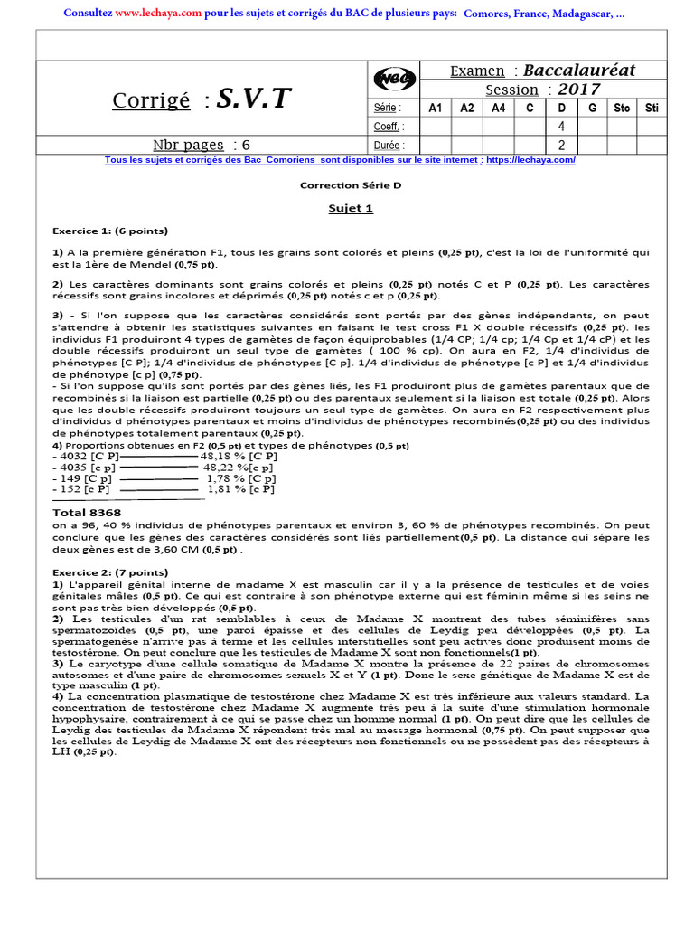 Corrigé SVT Bac Comores 2017 | PDF | Pancréas | Synapse
