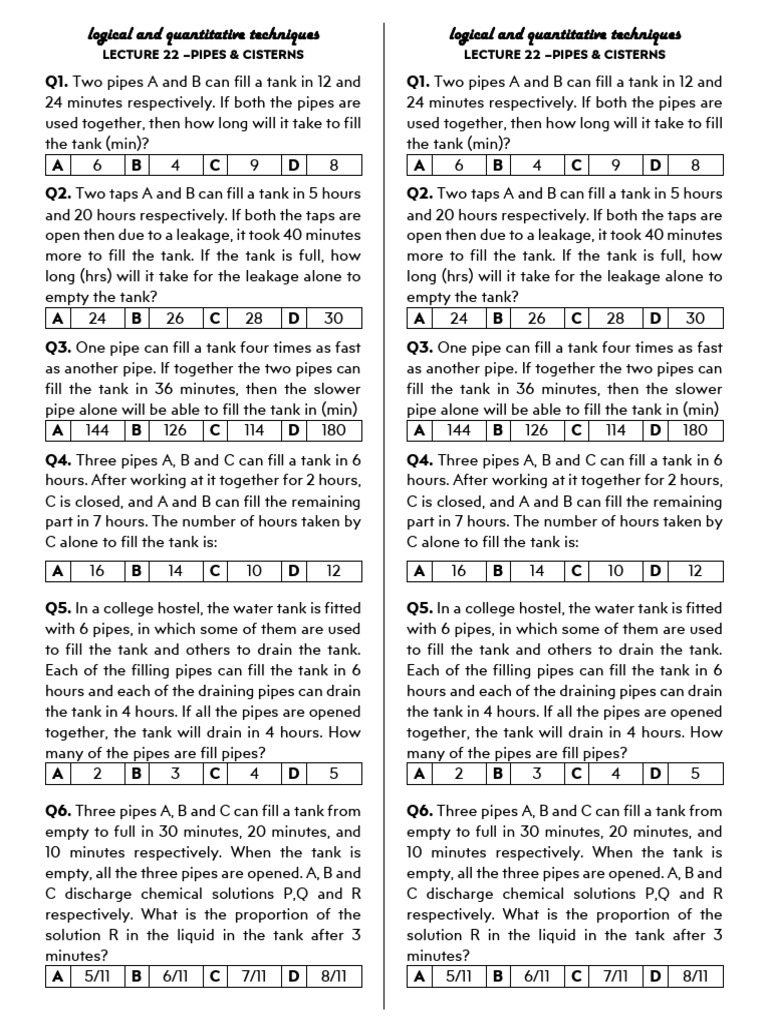 Pipes and Cisterns Problem Set | PDF