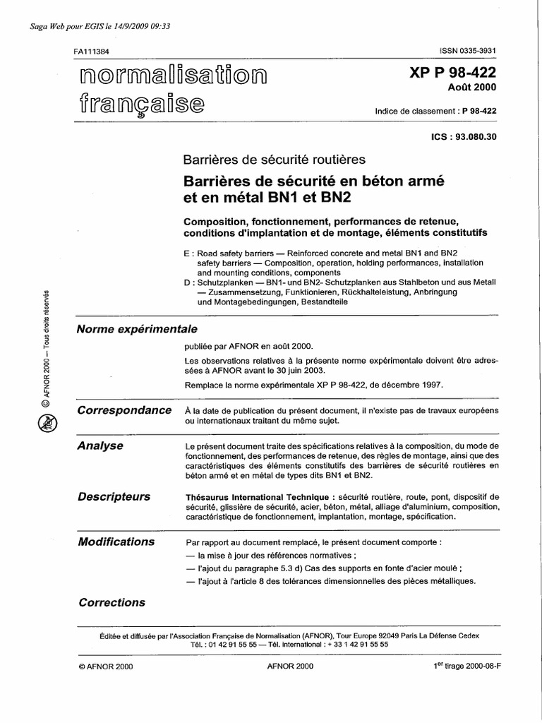 REGFR - Norme XP P98-422B BN1 BN2 | PDF
