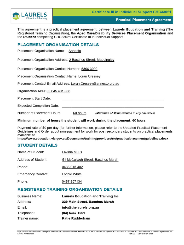 Chc33021 practical placement agreement v2 lavinia annecto pdf