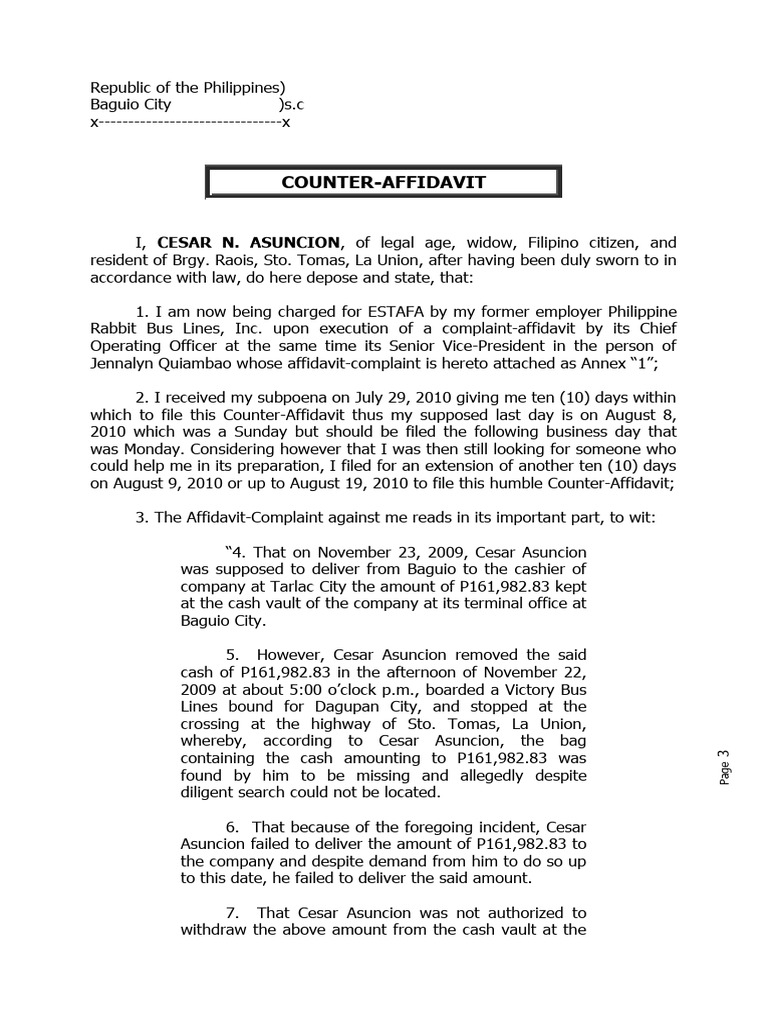 Counter Affidavit Asuncion PDF Affidavit