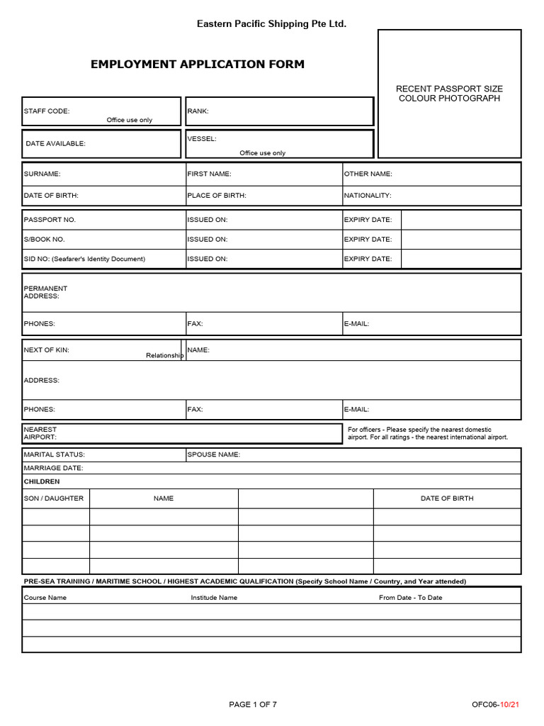 Eastern Pacific Shipping Employment Form | PDF | Gasoline | Ships