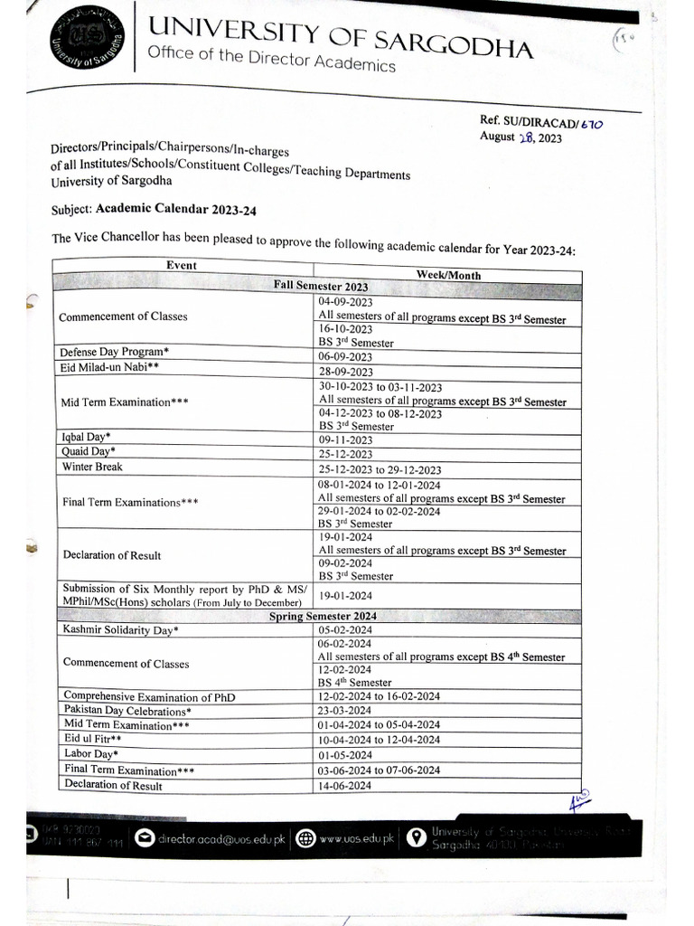 Academic Calendar UOS June 2025 PDF