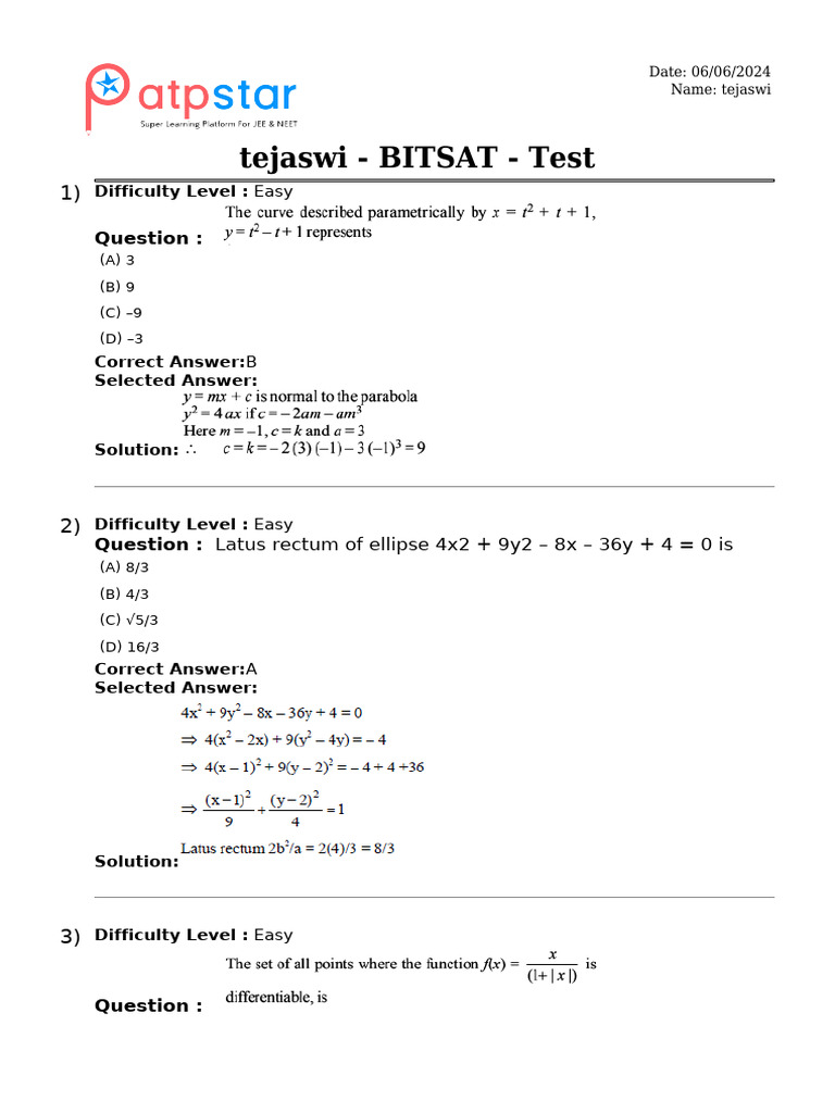 BITSAT Test Questions and Solutions | PDF | Triangle | Ellipse
