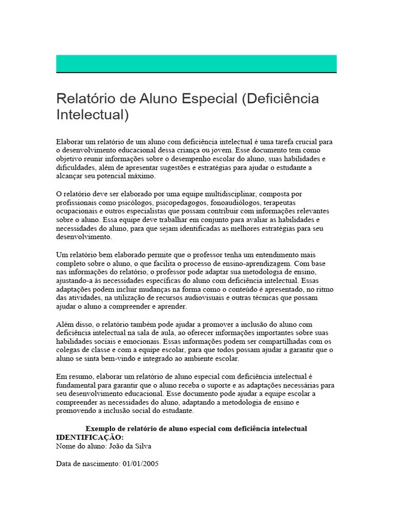 Relatório de Aluno com Deficiência Intelectual | PDF | Pedagogia ...