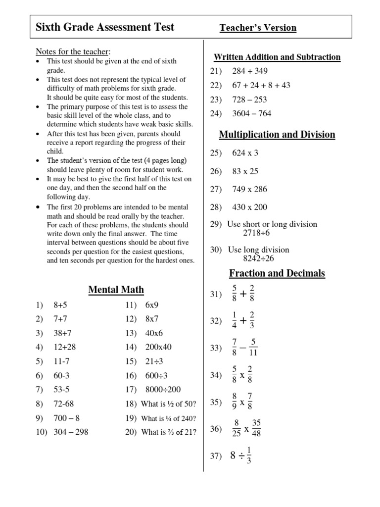 Sixth Grade Math Assessment Test | PDF | Mathematics | Arithmetic