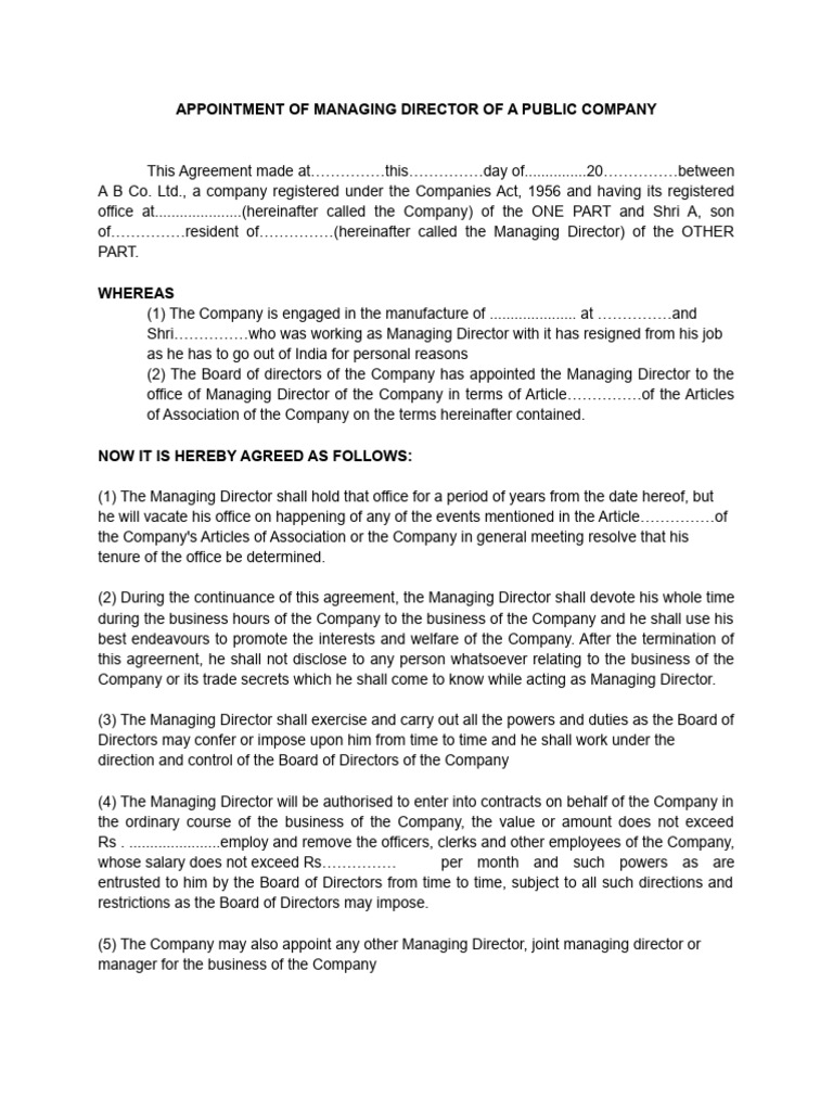 Appointment of Managing Director of A Public Company | PDF | Board Of ...