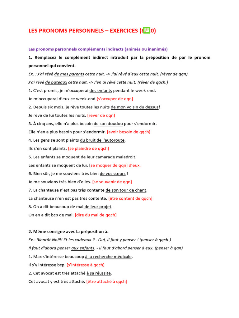 Exercices sur les pronoms personnels | PDF | Pronom | Grammaire