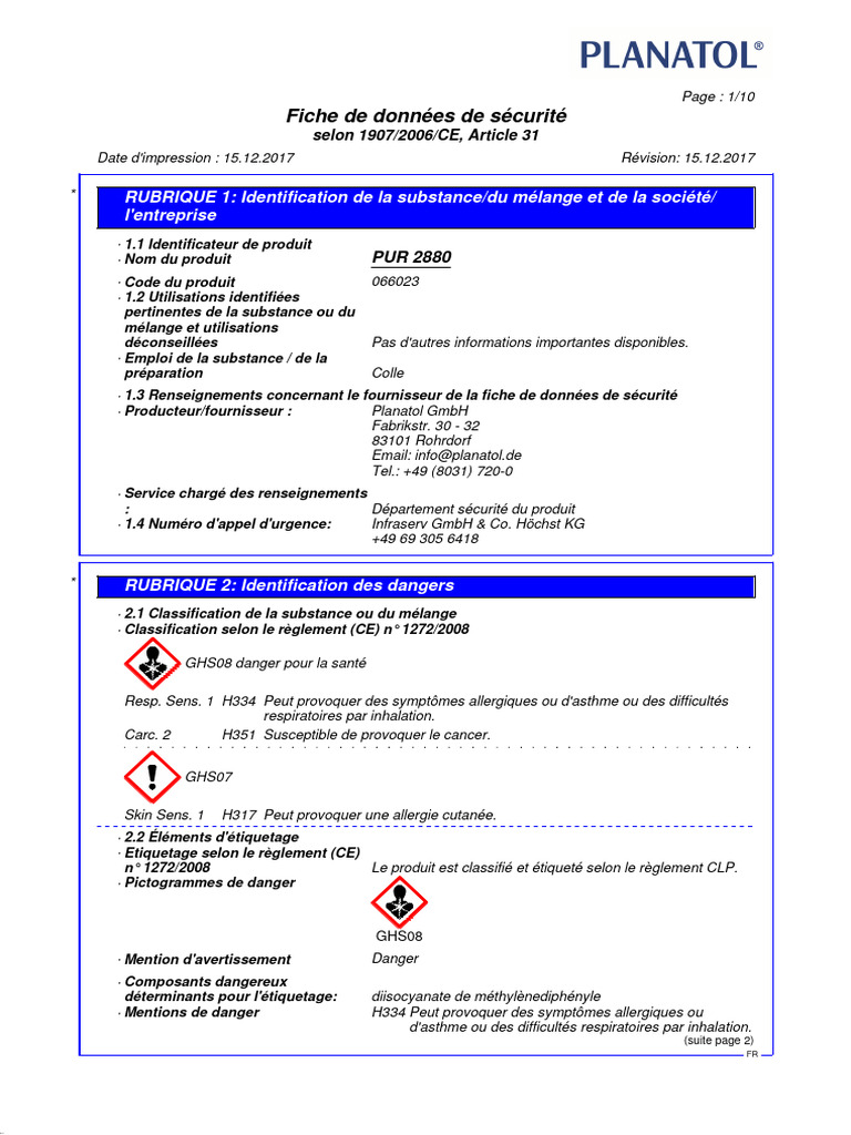 Fiche de sécurité pour la colle PUR 2880 | PDF | Santé et sécurité au ...