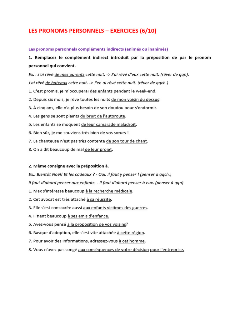 Exercices sur les pronoms personnels | PDF | Pronom | Morphologie ...