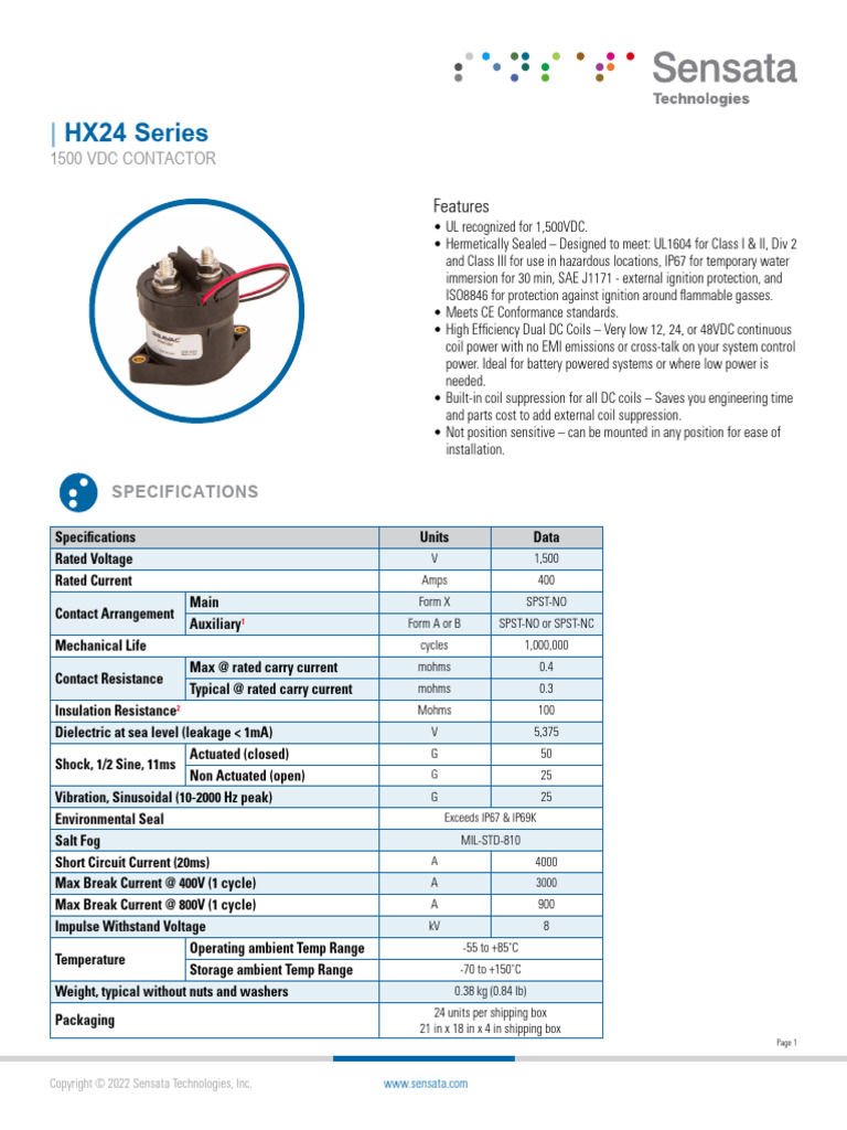 Sensata Gigavac HX24 Contactor Datasheet | PDF | Switch | Electrical ...